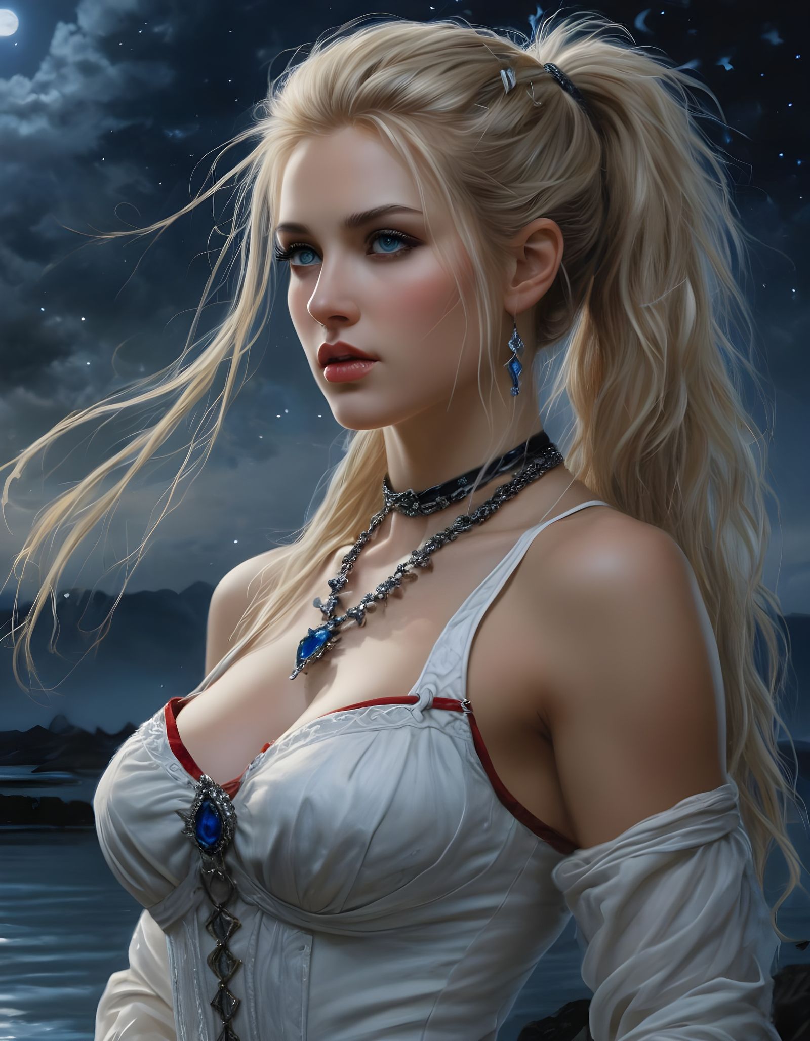 Surreal Goddess of Love Stands on Lake Shore Under Midnight....