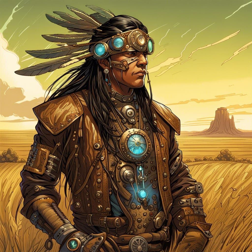 Steampunk Android Native American on Plains Comic Art