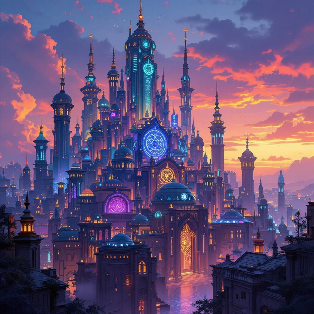 Fantasy Cityscape with Mystical Symbols and Vibrant Colors