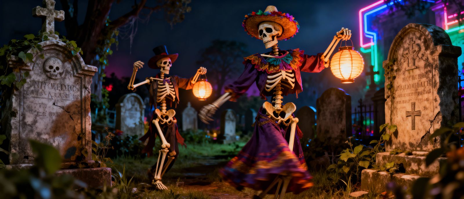Skeletons Party in Abandoned Graveyard, Hyperrealistic Style
