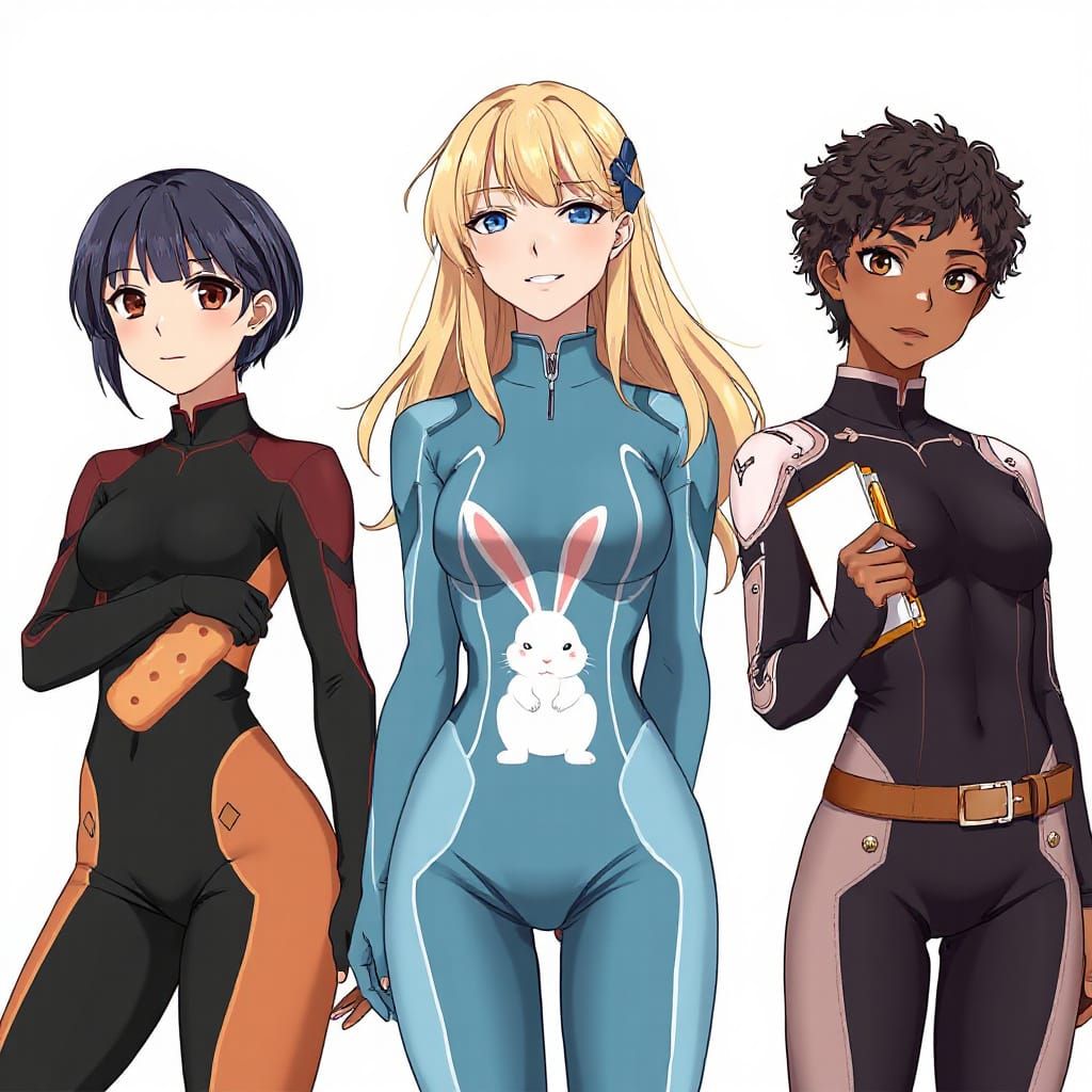 Anime Women in Futuristic Bodysuits with Unique Prints
