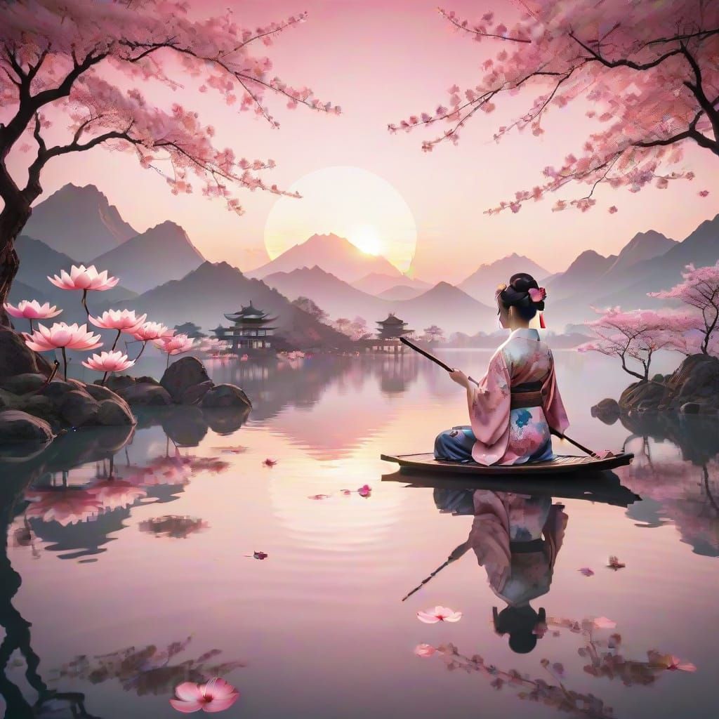 Surreal Japanese Lake Scene with Geisha Silhouette and Cherr...