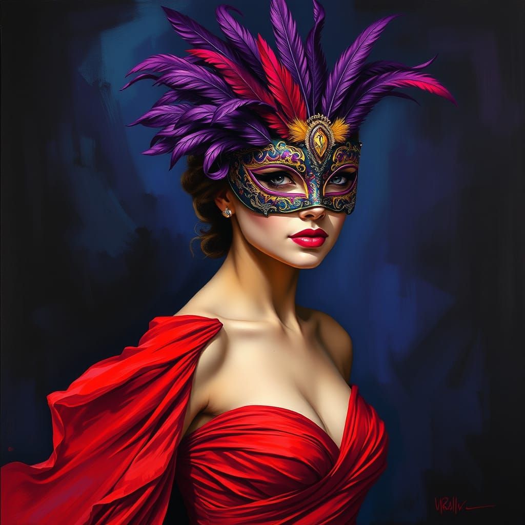 A striking abstract painting of a beautiful, masked woman, created with bold palette knife strokes. The woman wears an e...