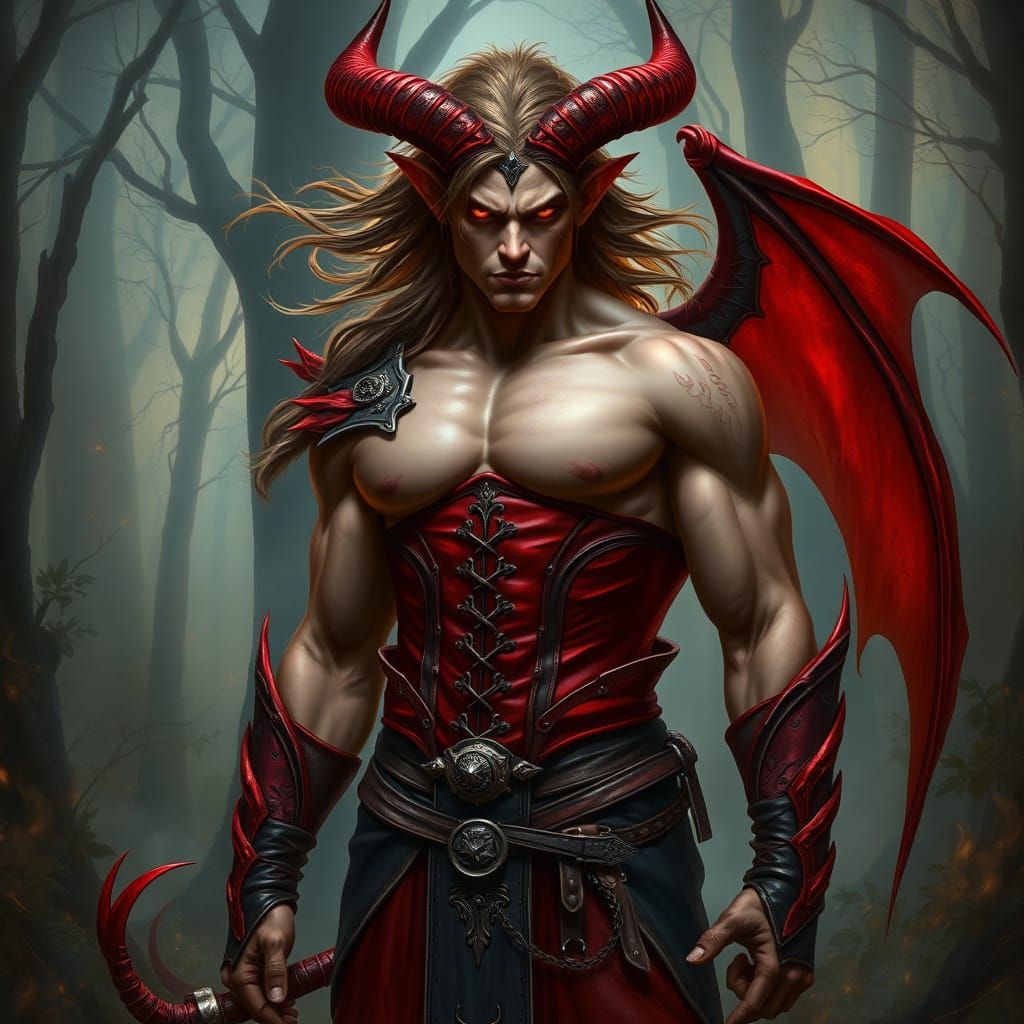 Demon Warrior in Mystical Twilight Forest