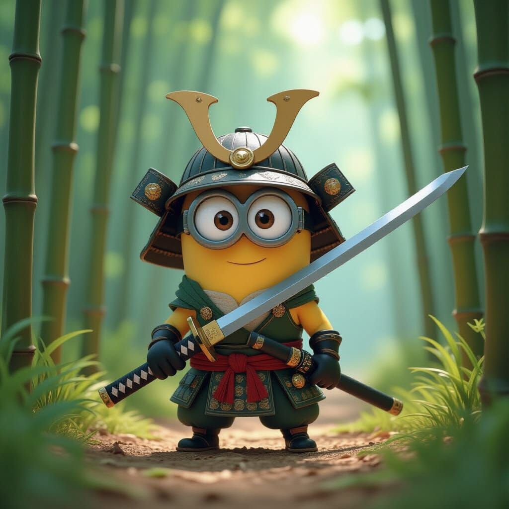 Samurai Minion Character in Pixar Style Bamboo Forest