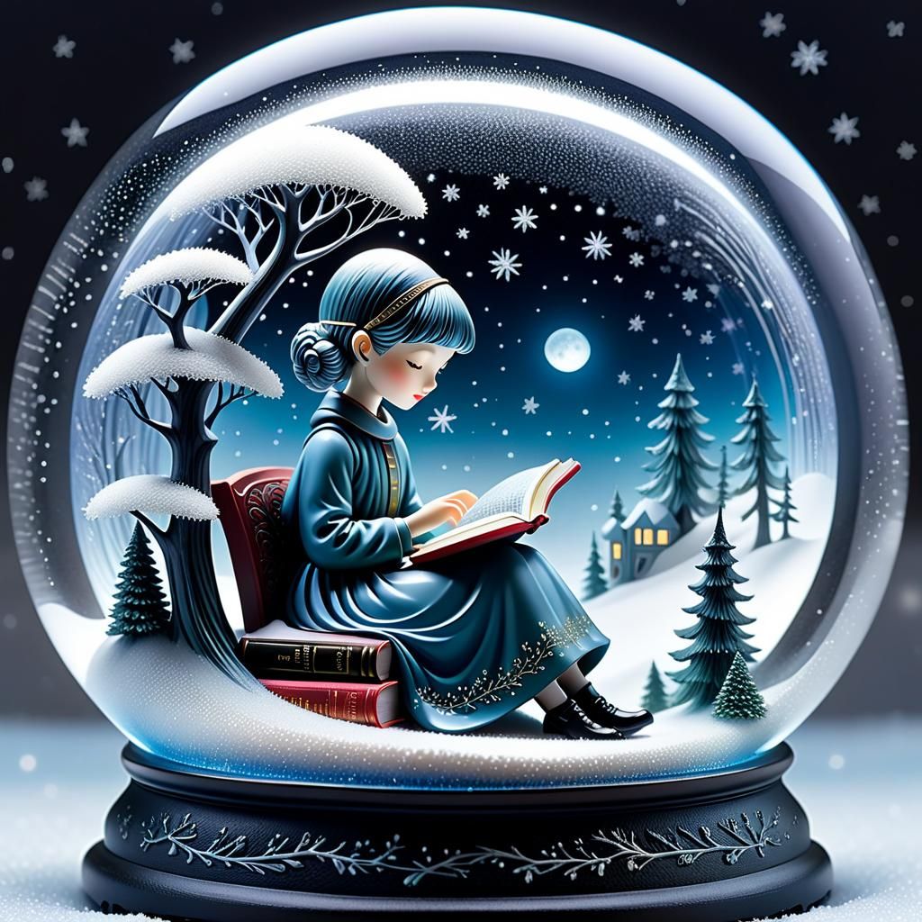 Miniature Girl Reading in Snow Globe Scene