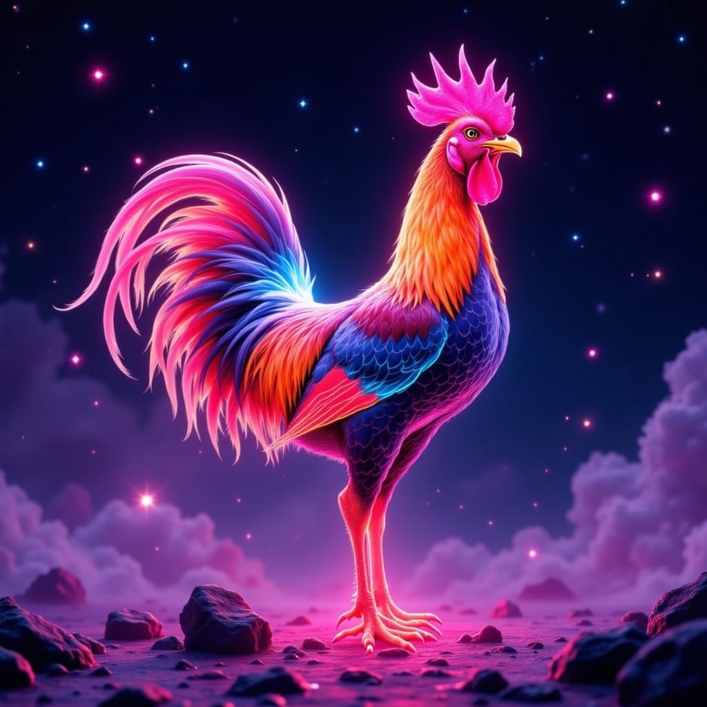 Surreal Holographic Rooster Radiates Neon Light in Cosmic Vo...