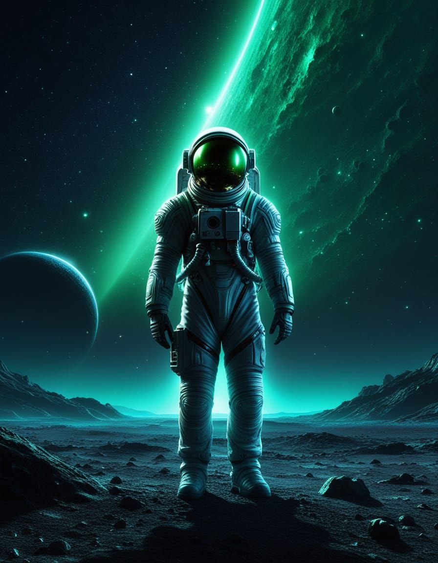 Astronaut on Alien Planet in Emerald Light