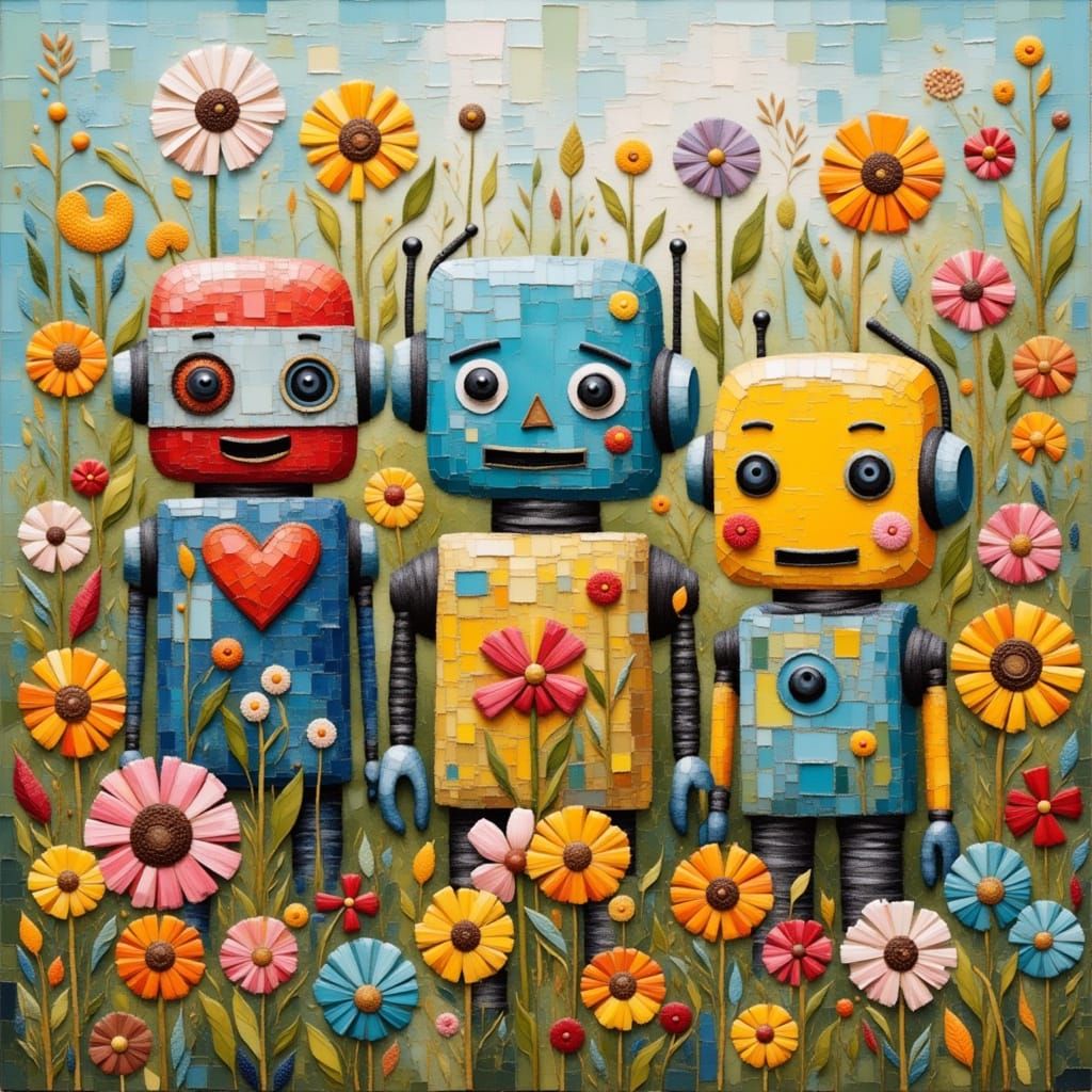Whimsical Robots in Vibrant Floral Settings