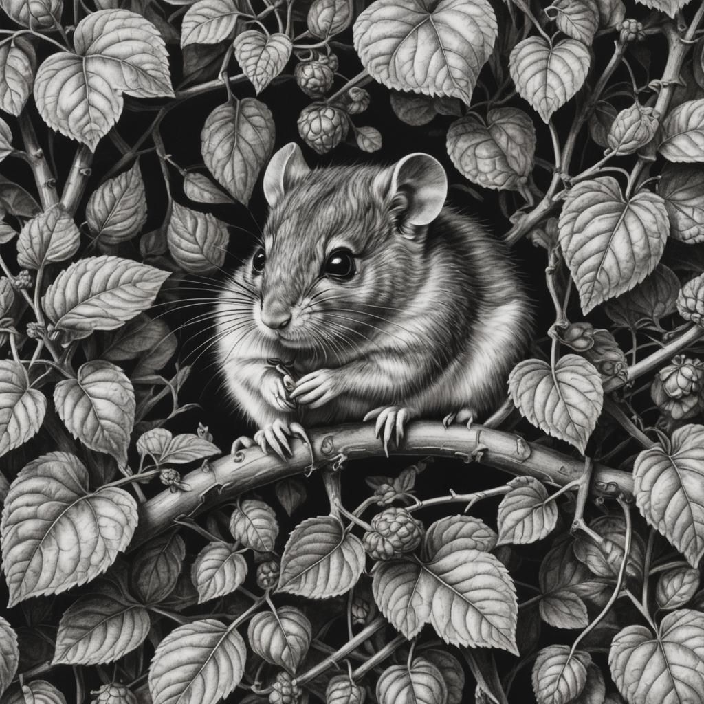 Hyperdetailed Charcoal Drawing of Dormouse on Bramble Pencil