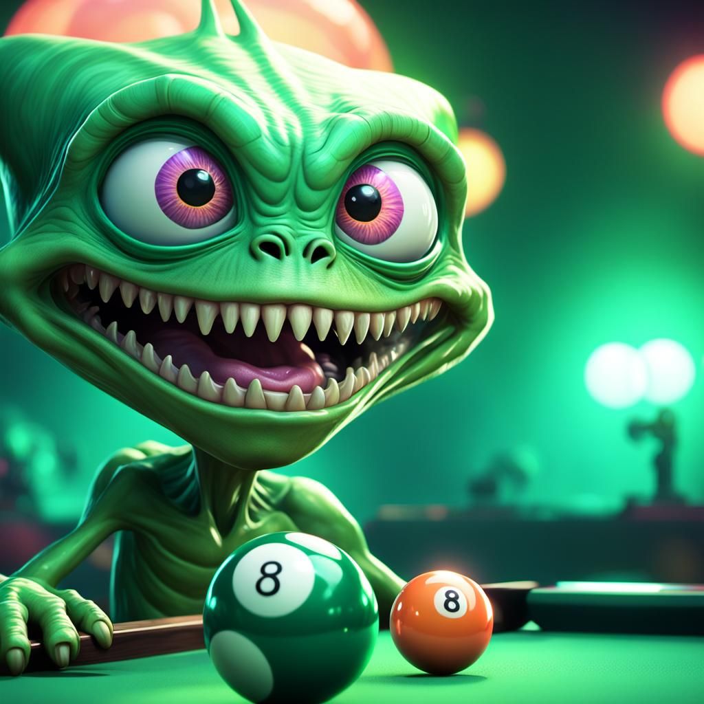 Green Alien Playing 8-Ball: Pixar-Inspired 3D Art