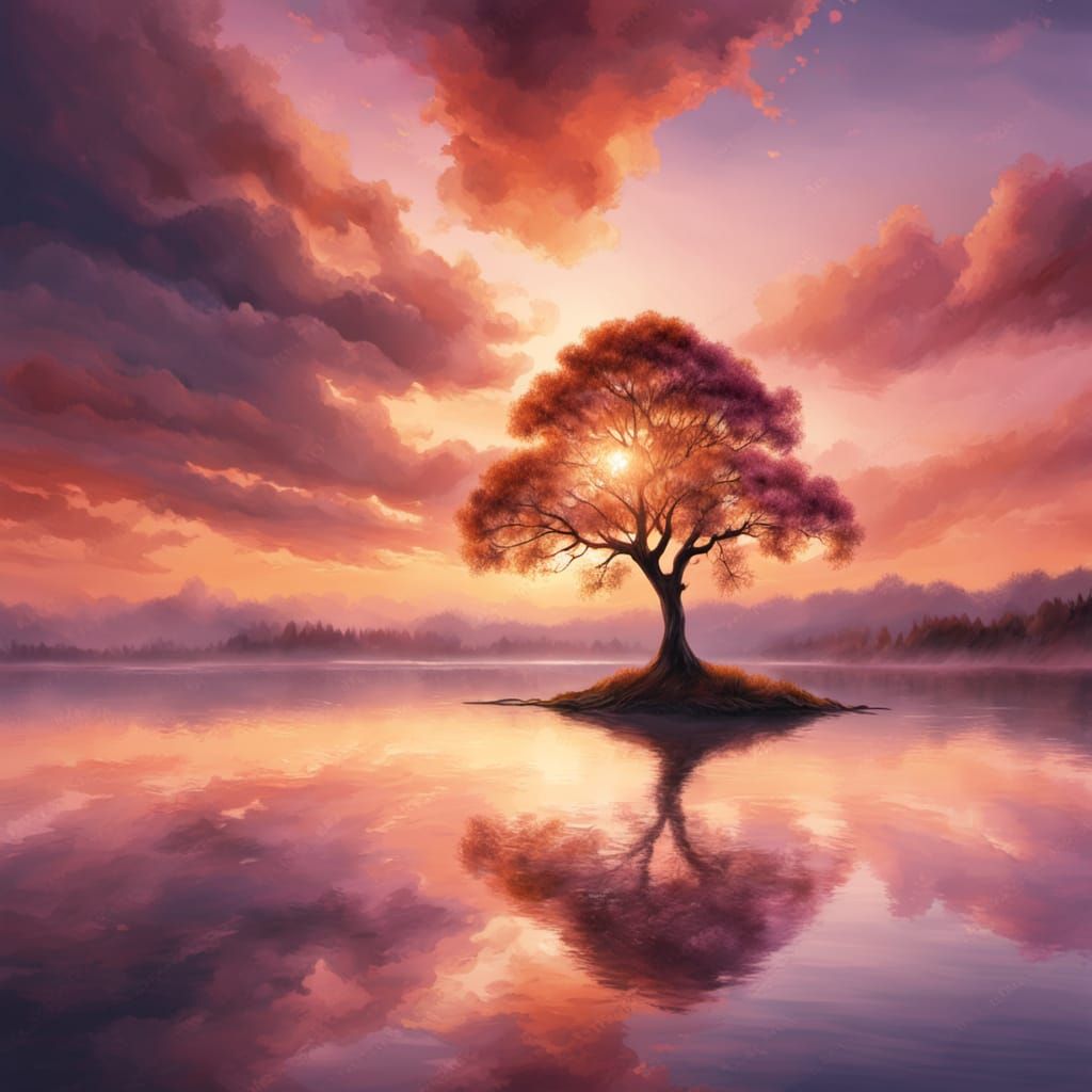 Serene Sunset Lake Landscape with Lone Tree