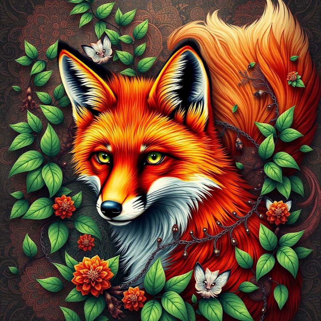 Majestic Red Fox in Lush Abstract Forest