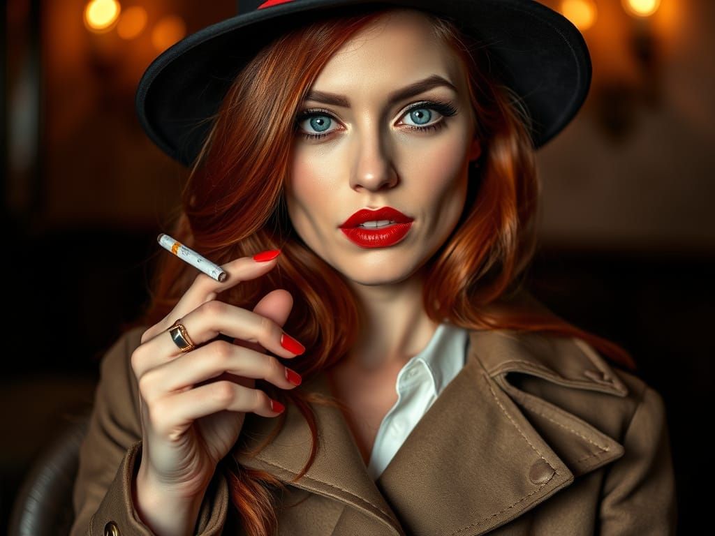 Femme Fatale in a Classic Fedora and Trench Coat