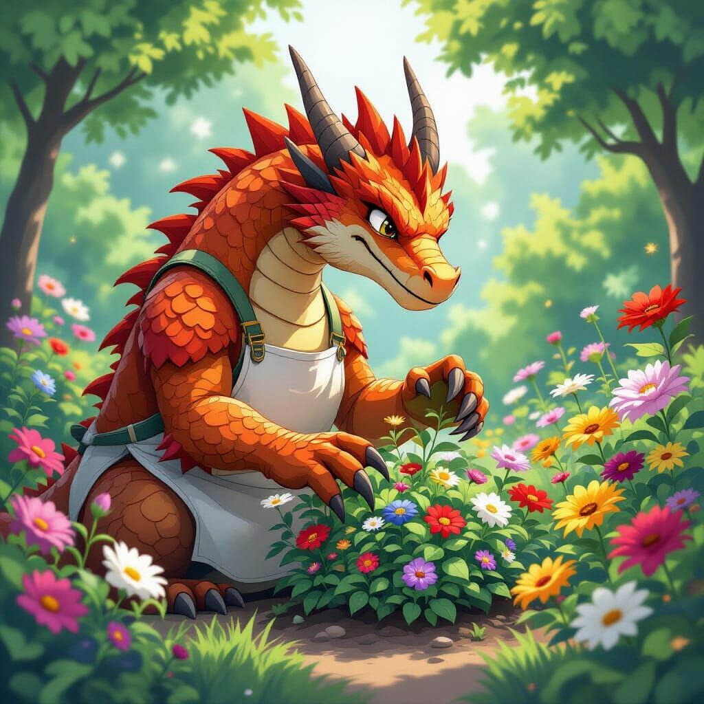 A colossal, scaly dragon with razor-sharp claws, gently tend...