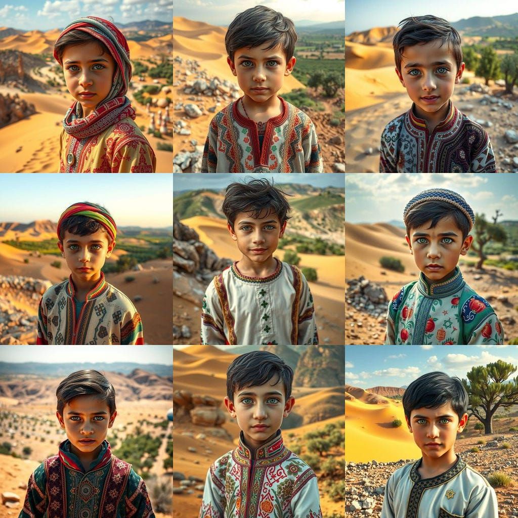 Young Boy Stands in Harmonious Palestinian-Israeli Landscape