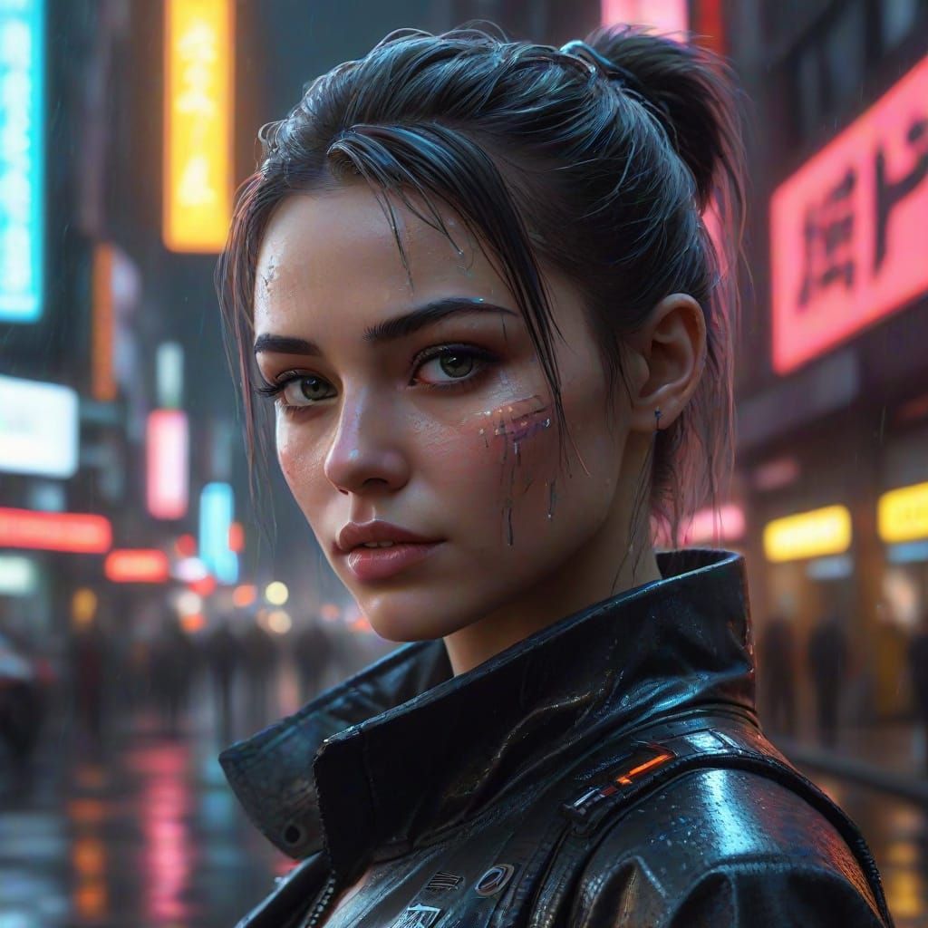 Epic Cyberpunk Portrait of a Girl with Neon Cybernetic Enhan...