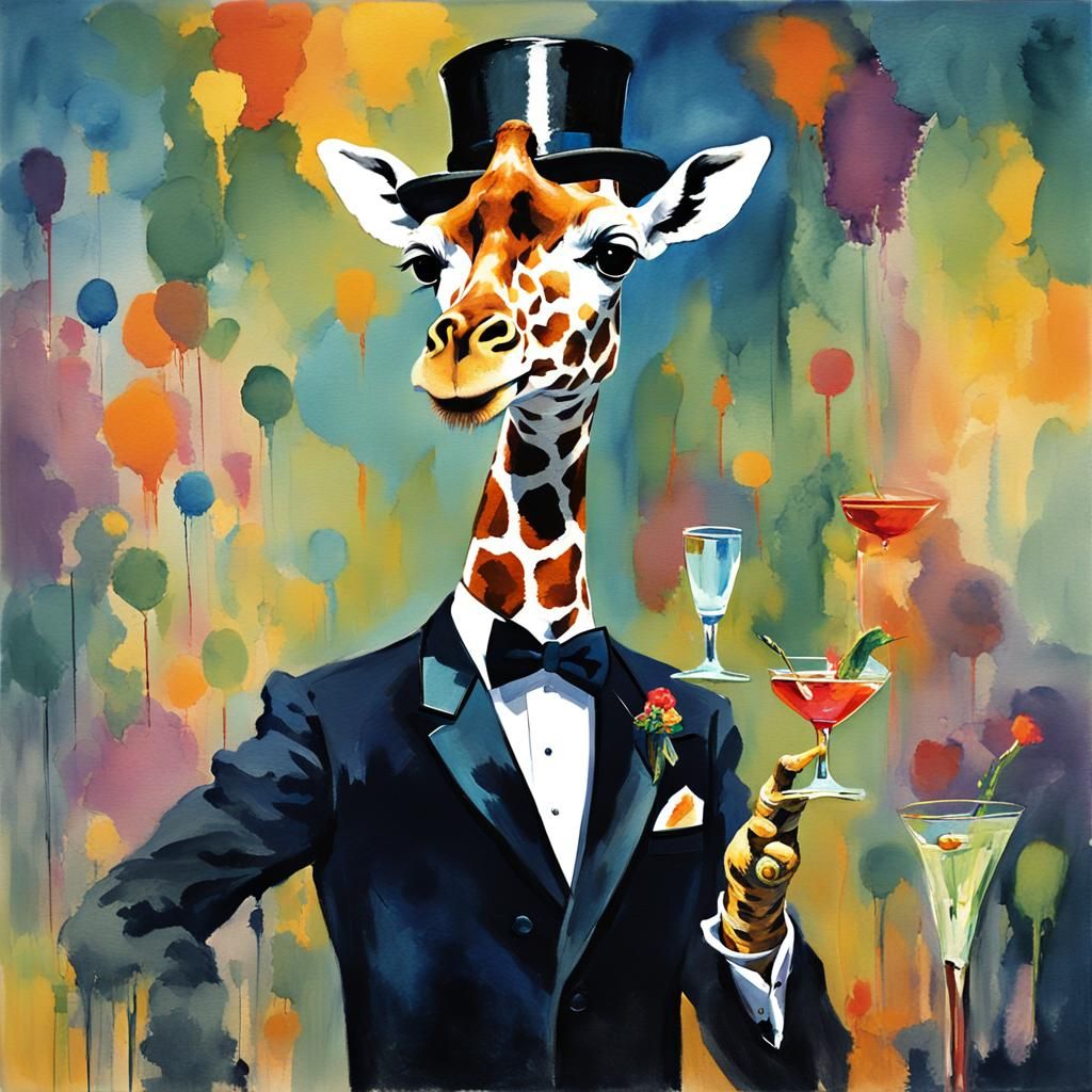 Giraffe at 1960s Cocktail Party in Gouache Style