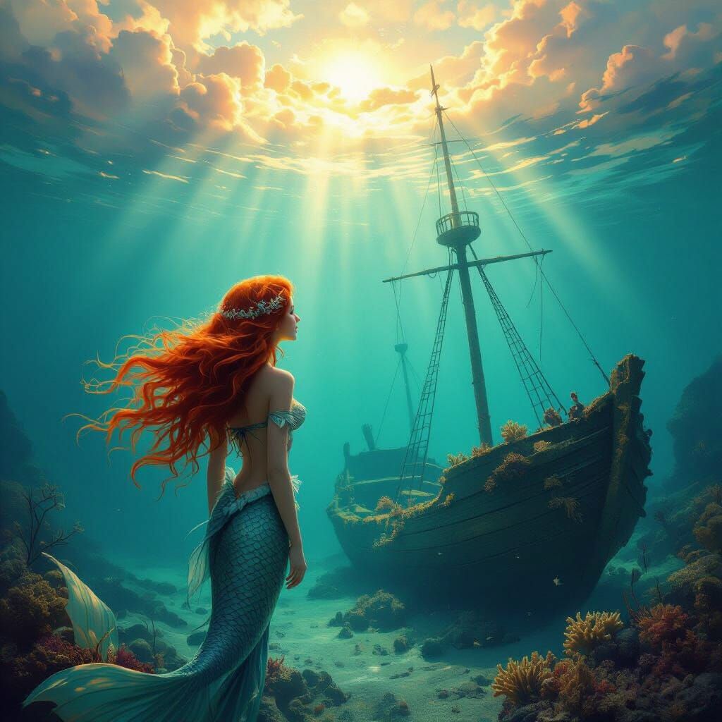 Redhead Mermaid Discovers Sunken Ship in Ethereal Light
