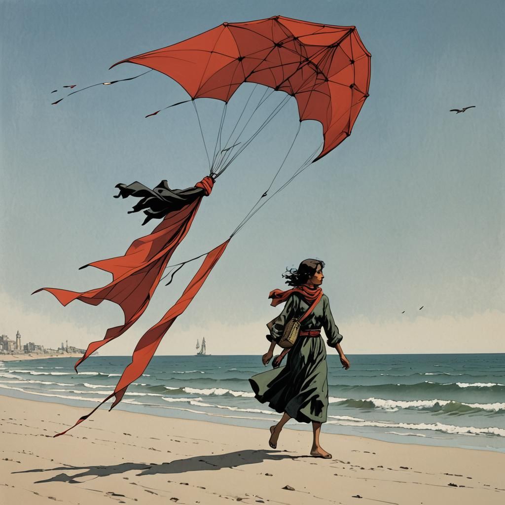 Girl Flying Kite on Gaza Beach, Minimalist Style