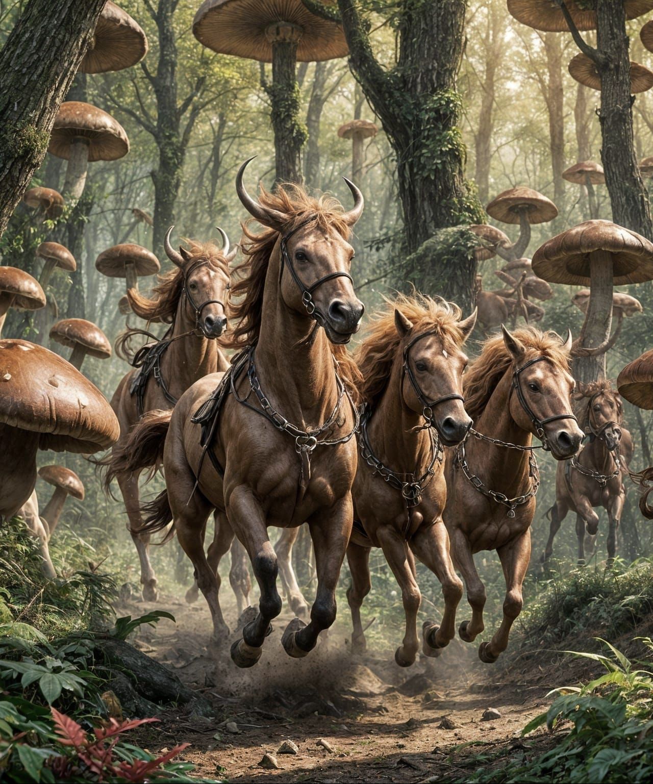 Centaurs Galloping Through a Fantasy Forest