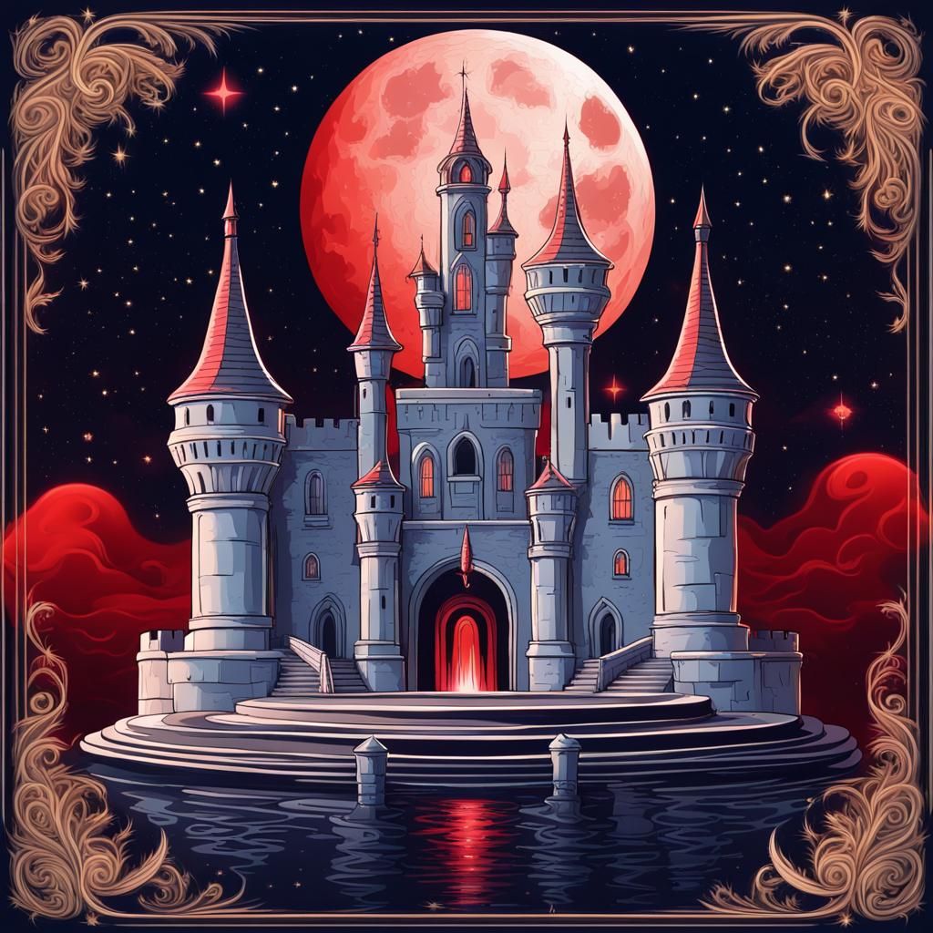 Gothic Castle Under Scarlet Moon in Ethereal Style