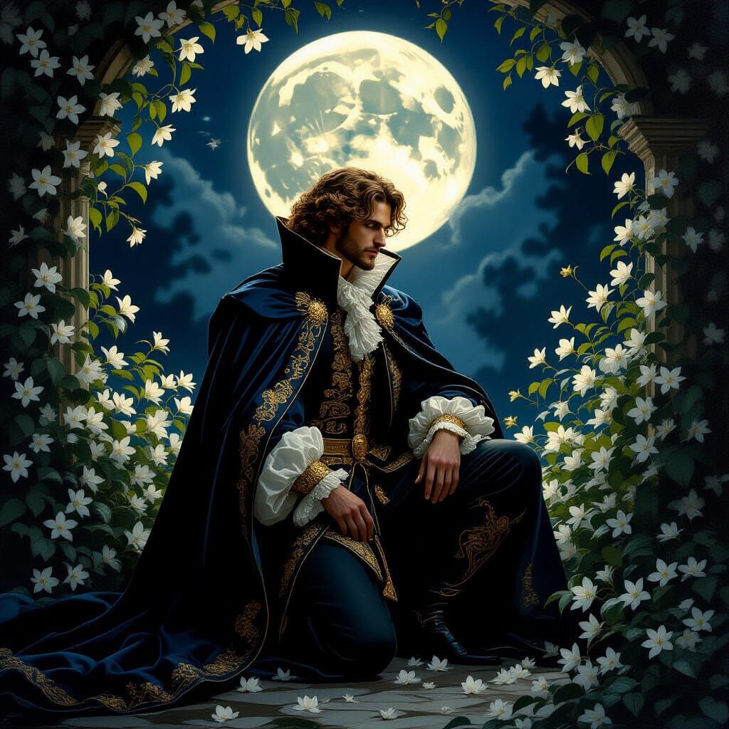 Regal Prince in Moonlit Garden: A Baroque Painting