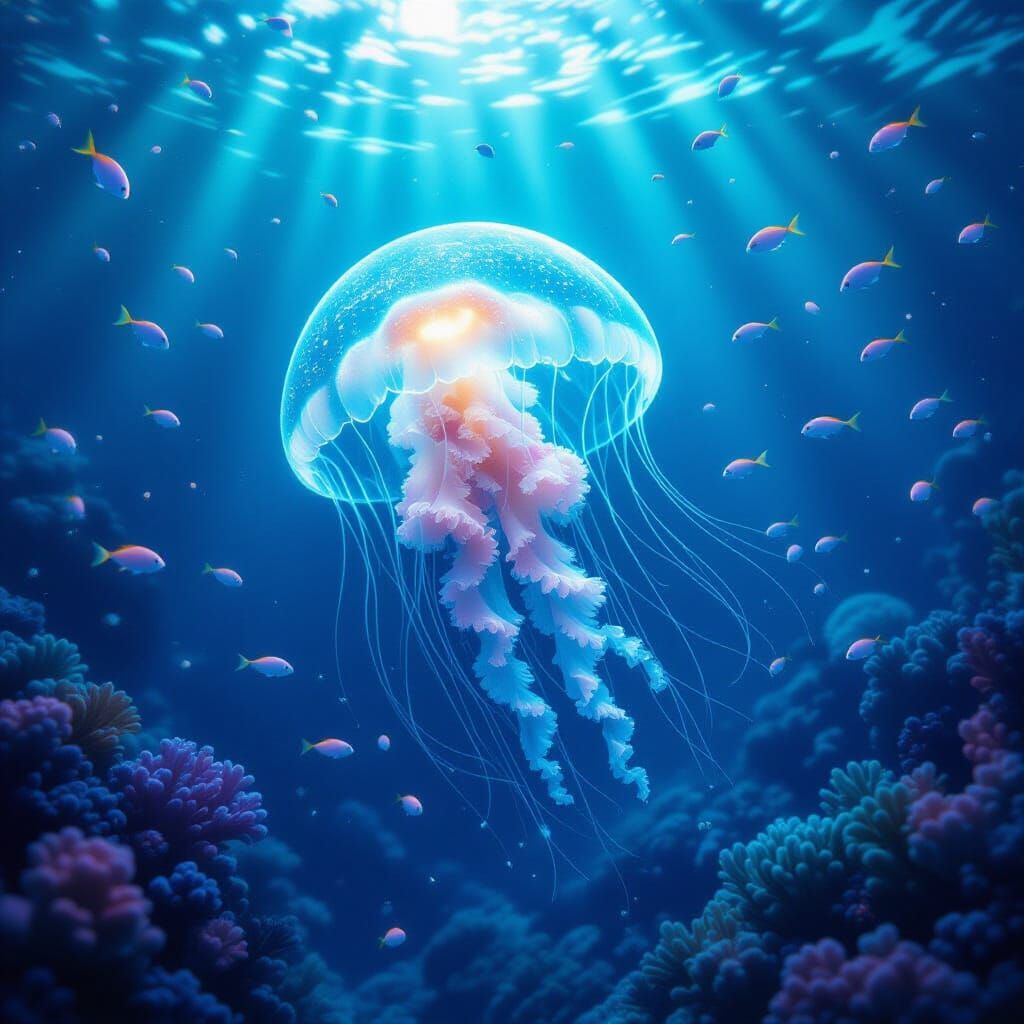 Ethereal Jellyfish in Bioluminescent Reef