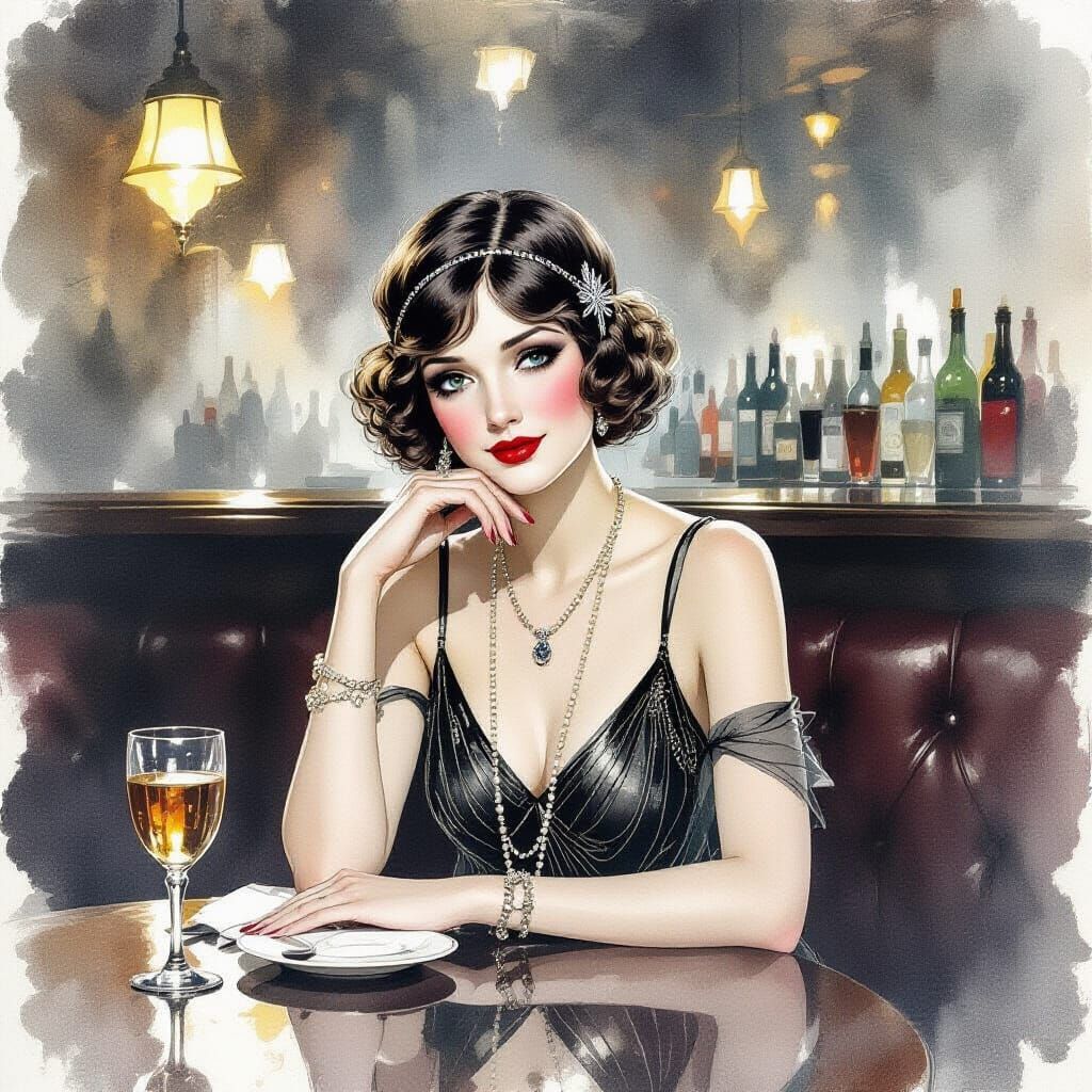 Flapper in Retro Tavern: Watercolor Art Deco Style