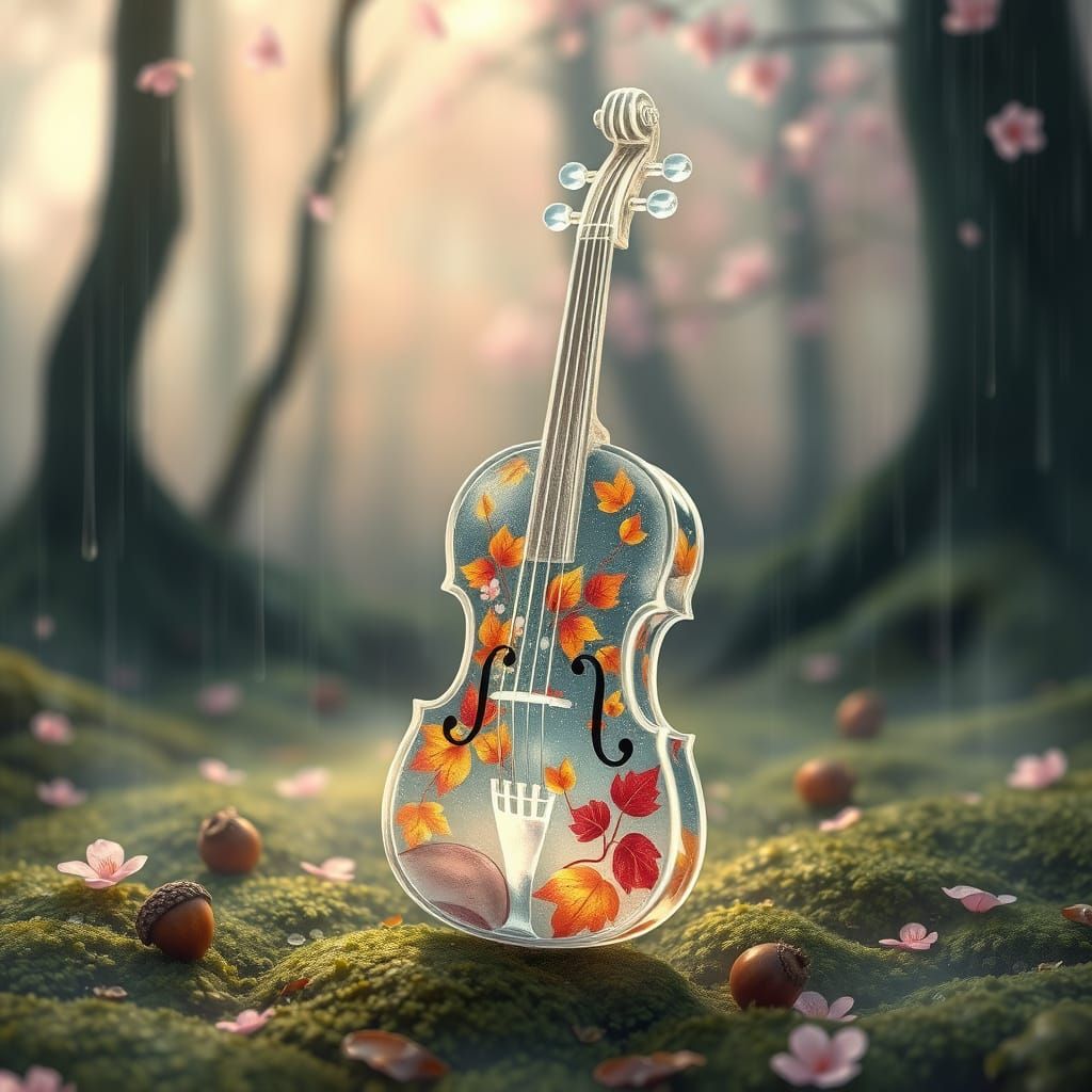 Ethereal Glass Violin in Whimsical Watercolor Landscape