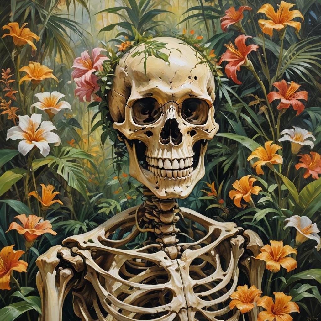 Skeleton Smiles Amidst Tropical Flowers as Oil Painting