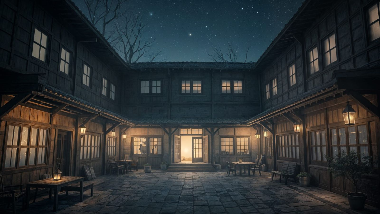 Surreal Nighttime Military Courtyard Scene in Cyberpunk Aest...