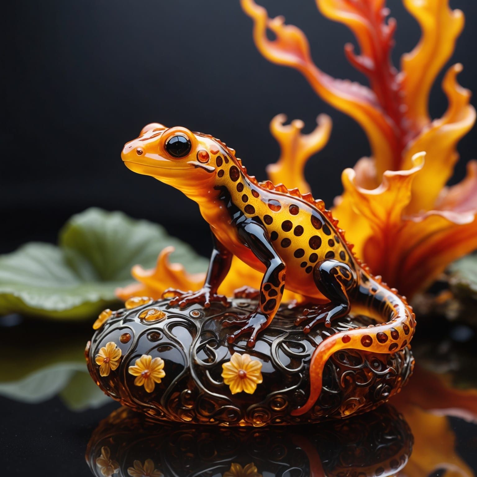 Glowing Fire Salamander Glass Sculpture, Fantasy Realism