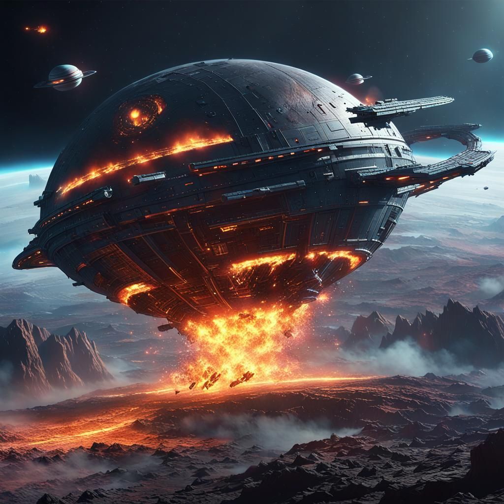 Burning Spaceship Plummets Through Atmosphere in Sci-Fi Art