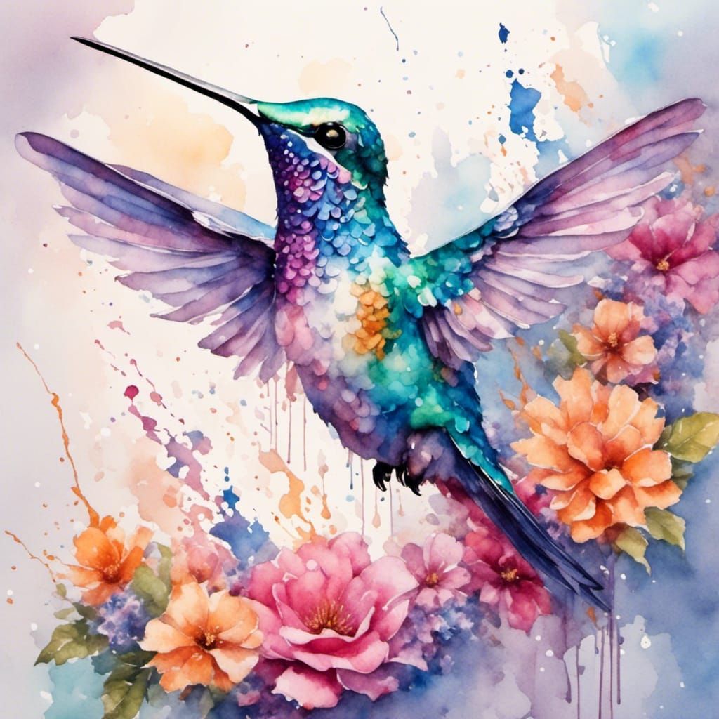 Watercolor Hummingbird with Flowers in Fantasy Style