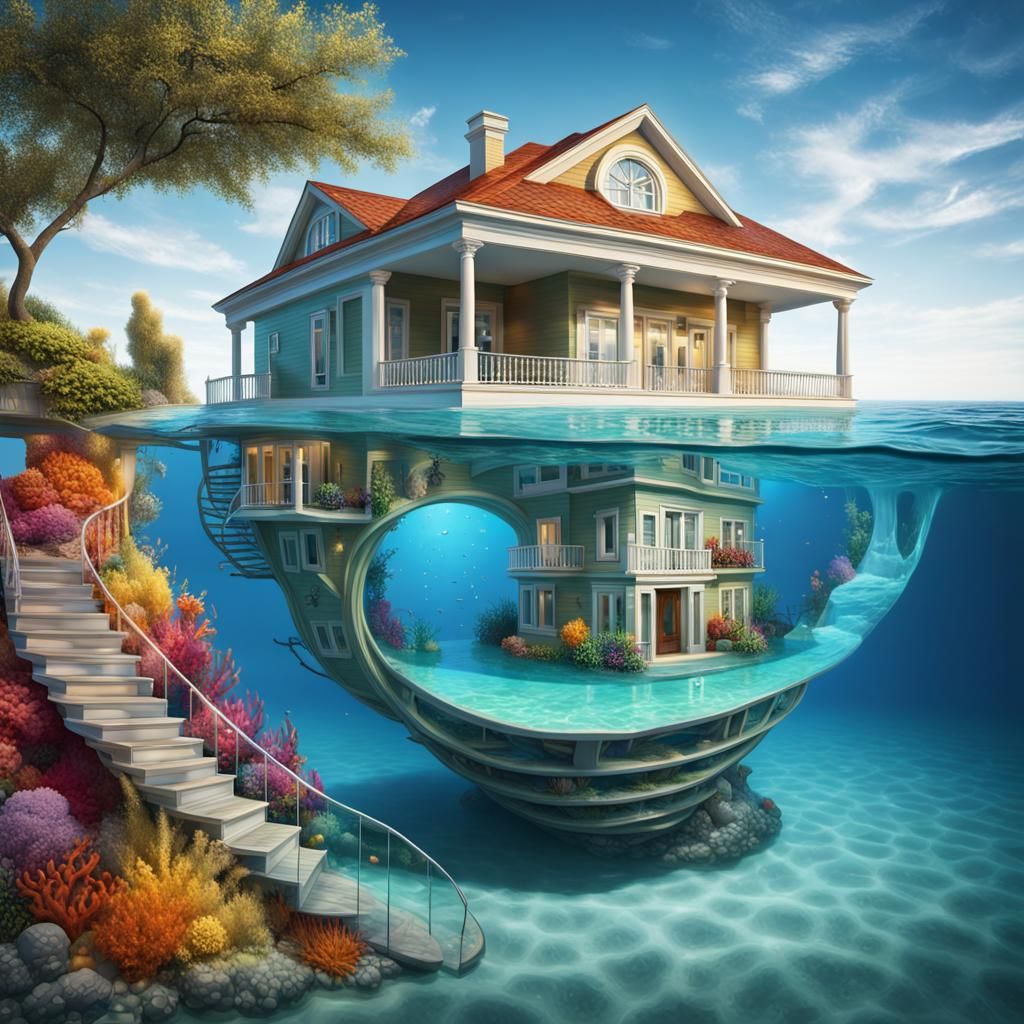 Elegant Double Helix House in Ocean Scene