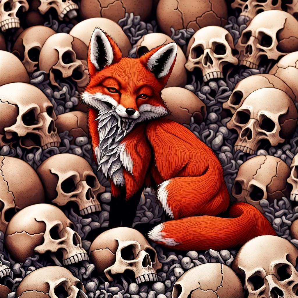 Sorrowful Fox Crying Over Heart in Skull Field