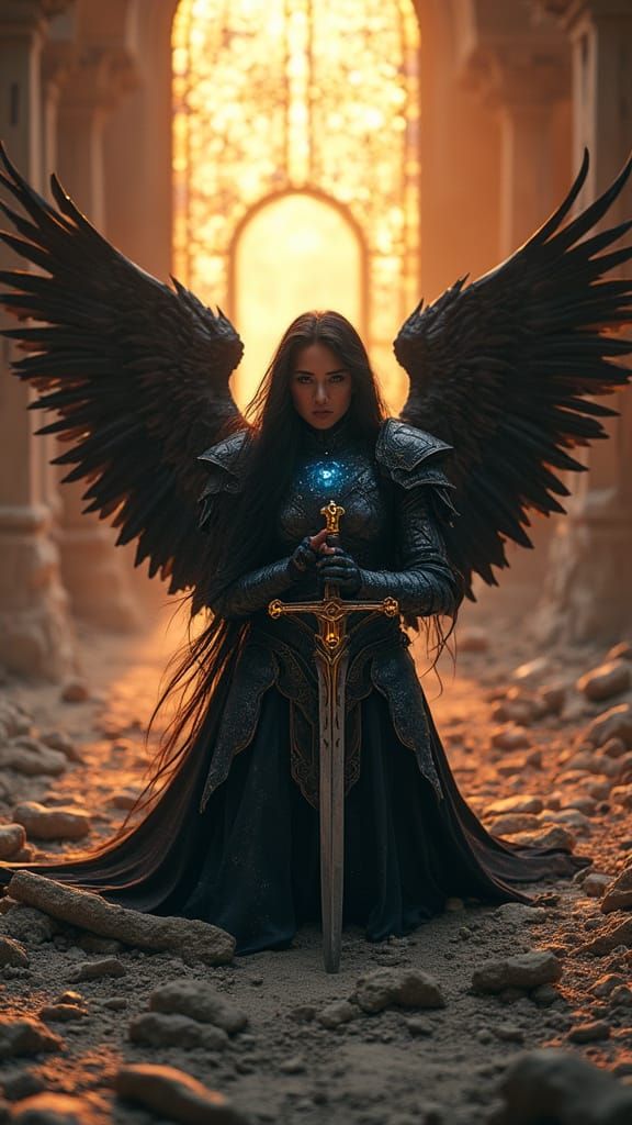 Dark Valkyrie Amidst Ancient Temple Ruins in Gothic Futurist...