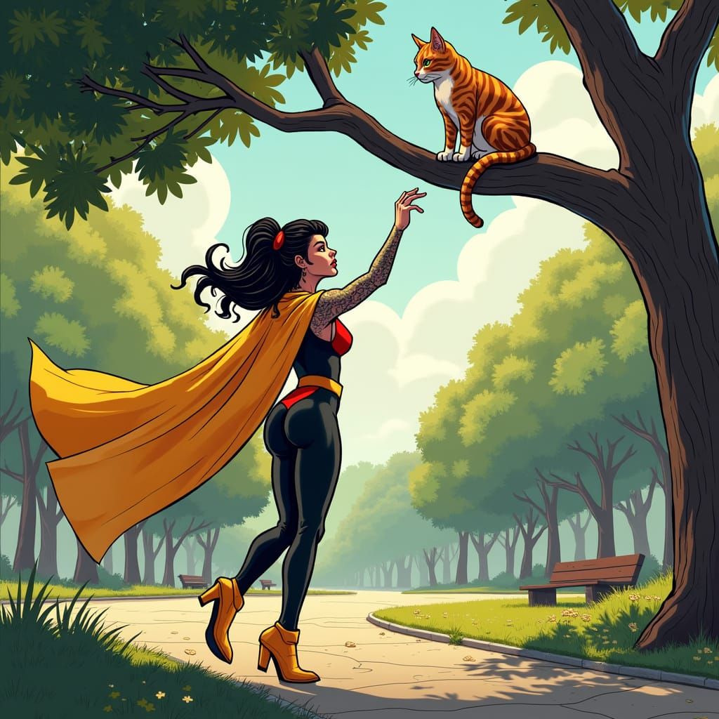 Latina Superhero's First Rescue, Comic Book Style