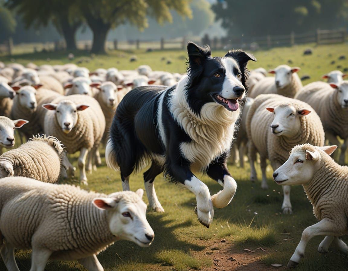 Photorealistic Border Collie Herding Sheep