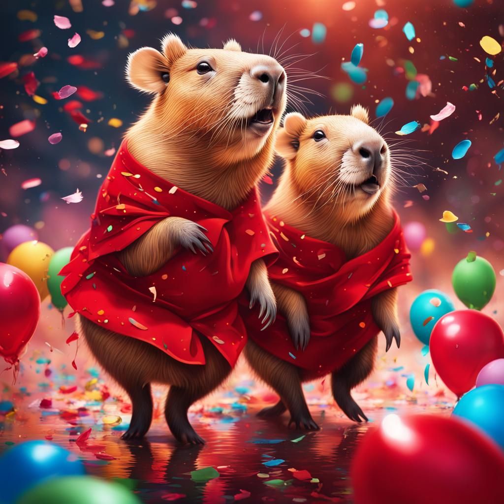 Capybaras Celebrate Success in Red Dresses