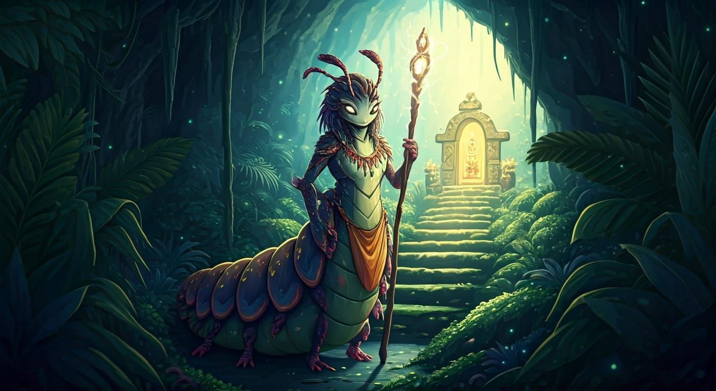 Bipedal Caterpillar Woman with Electrified Staff
