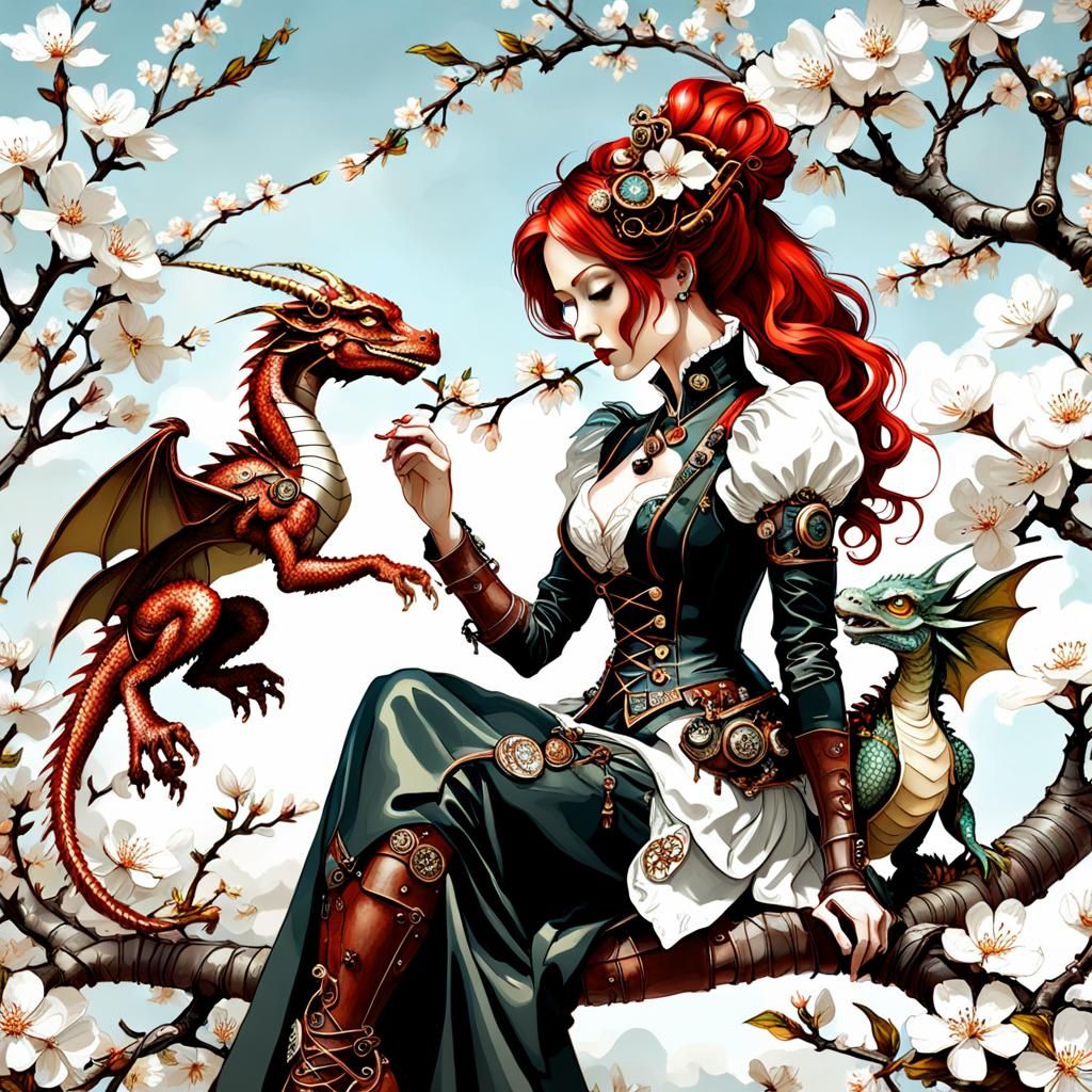 Steampunk Lady with Dragon on Cherry Branch