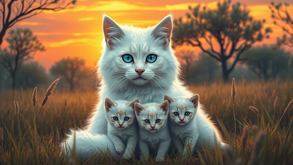 Majestic Angora Cat Family in Ethereal Forest Sunset