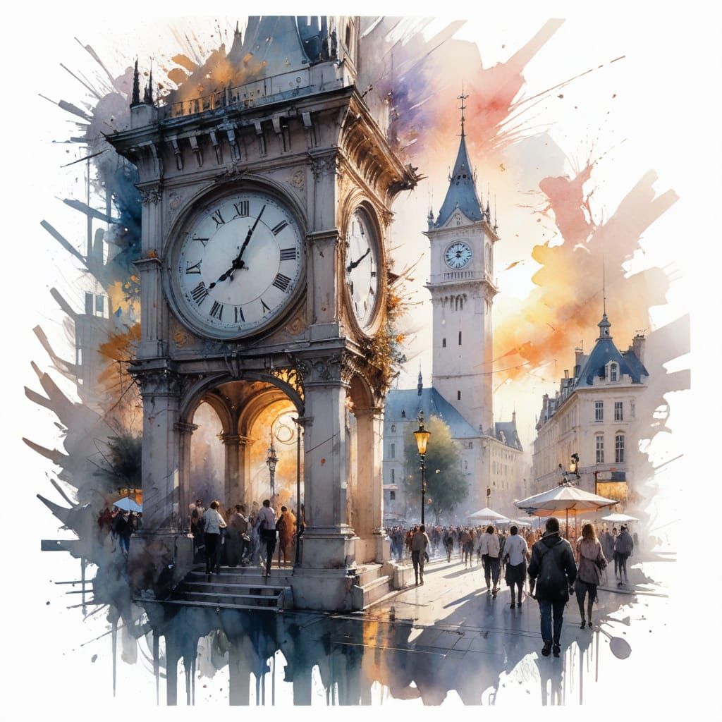 Timeless Clock Tower in a Bustling City Square at Sundown