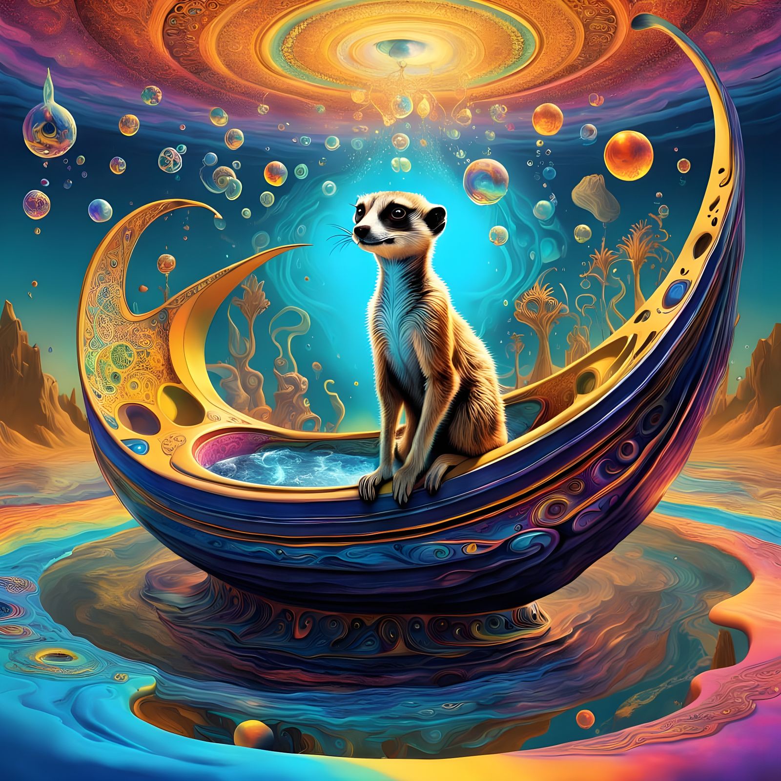 Surreal Meerkat Floats in a Vibrant, Psychedelic Hot Tub