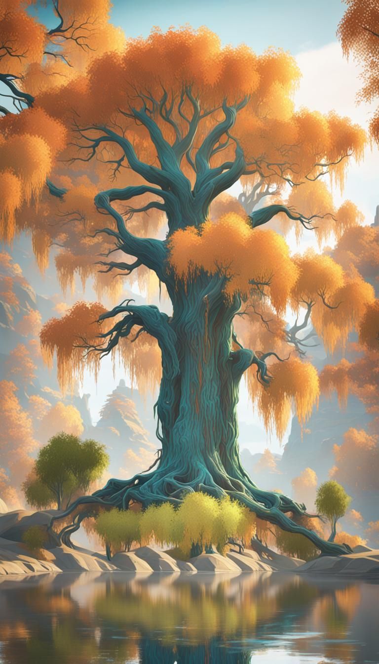 Luminous Willow Tree: Digital Art Nouveau Style