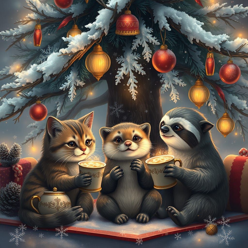 Whimsical Winter Wonderland Trio Under the Christmas Tree