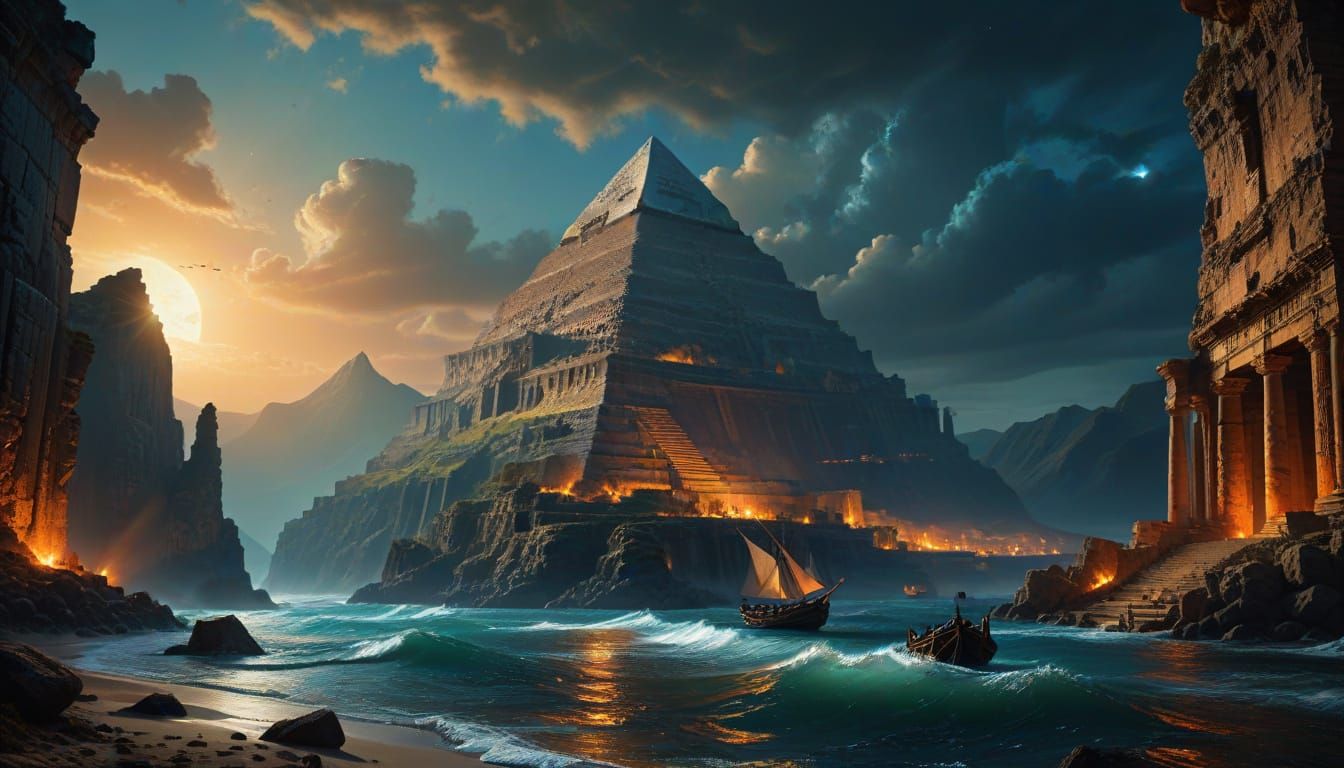 Baroque Fantasy Landscape with Ancient Pyramids and Monolith...