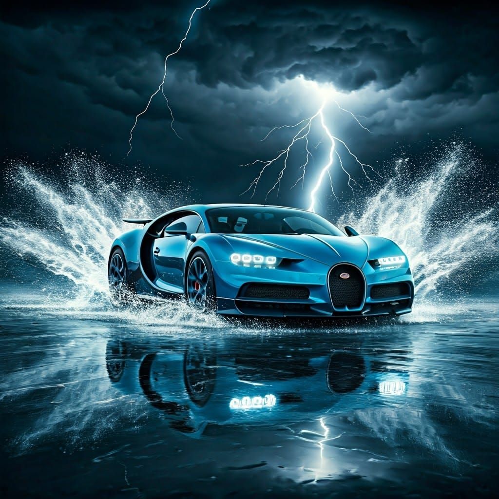 Bugatti Races Through Graffiti Puddle in Electric Storm